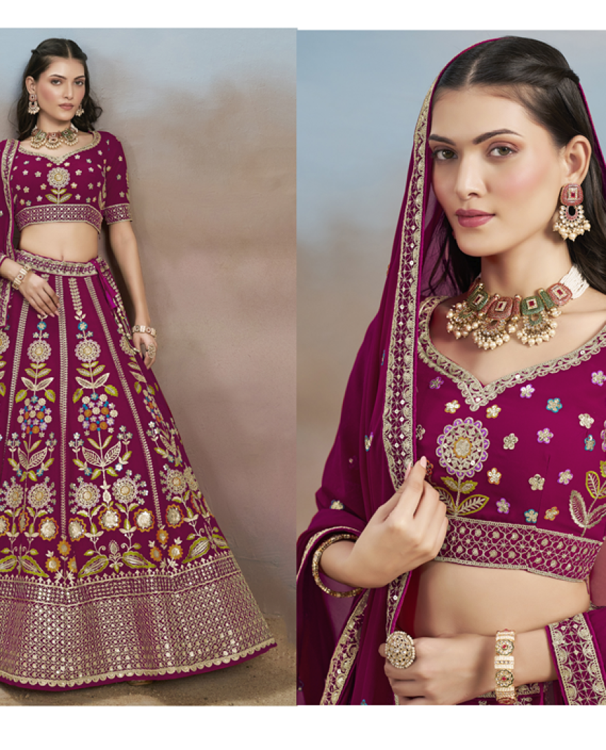 6008-PINK - Stunning Pink Thread Work Georgette Engagement Wear Lehenga With Blouse